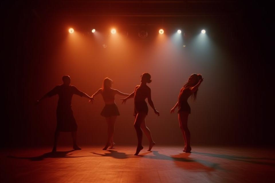 Dancers performing dramatically on a lit stage during a studio recital.